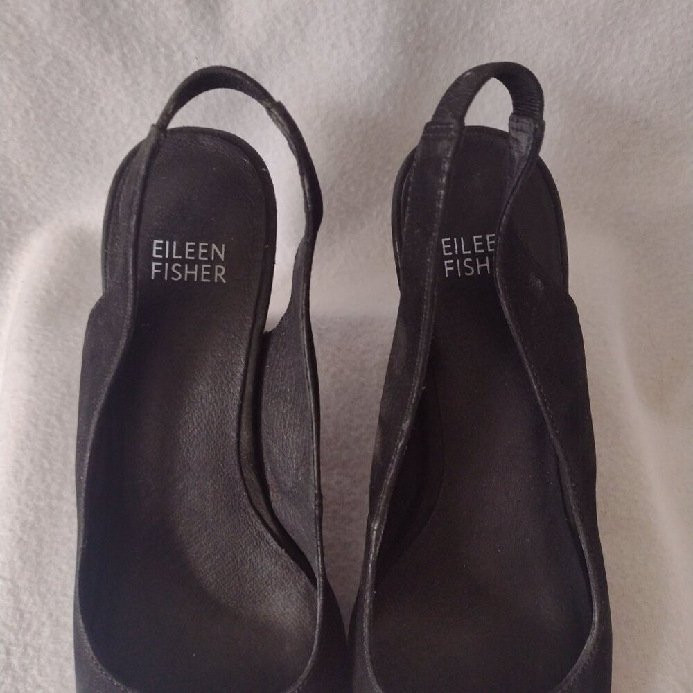 Eileen Fisher Milla Black Leather Slingback Heels 7.5 Nubuck Heels - Picture 6 of 9